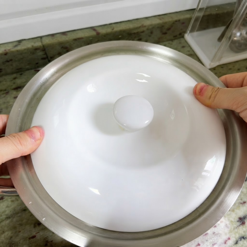 Des mains plaçant un couvercle en céramique blanche sur le grand pot en métal contenant le canard.