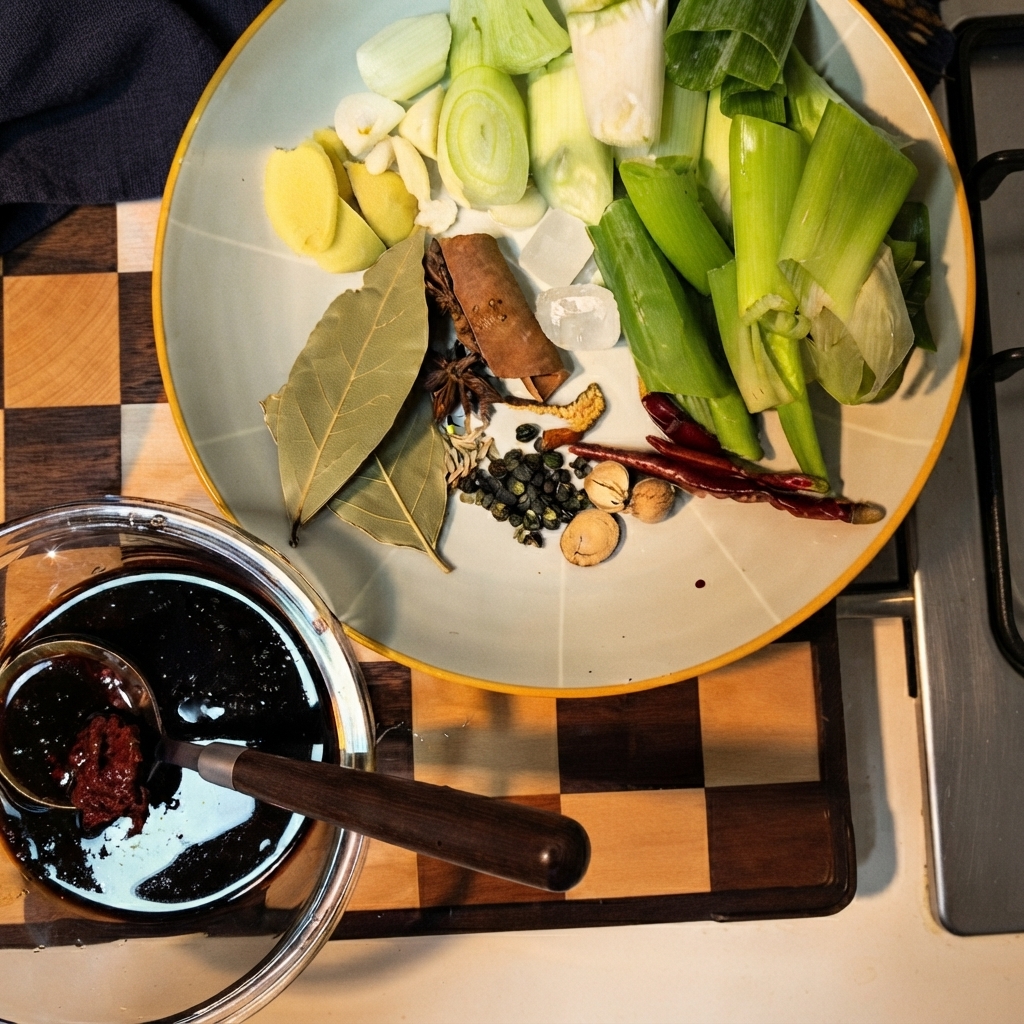 Un bol en verre contenant un mélange de sauces soja avec une cuillère posée à lintérieur sur une table à carreaux.