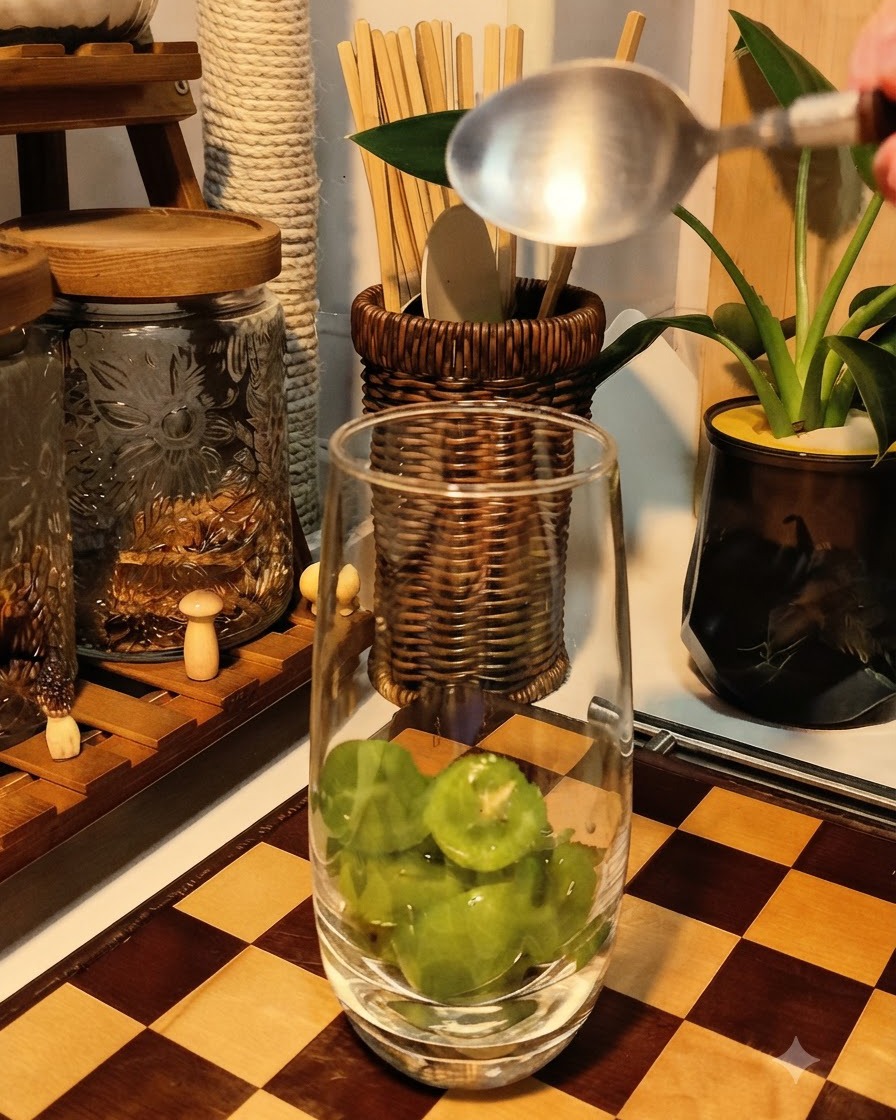 Raisins verts frais écrasés par une cuillère au fond dun grand verre transparent.