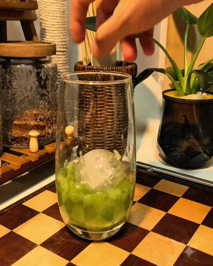 Une main plaçant des glaçons dans un grand verre par-dessus des raisins verts écrasés sur une surface à damier.