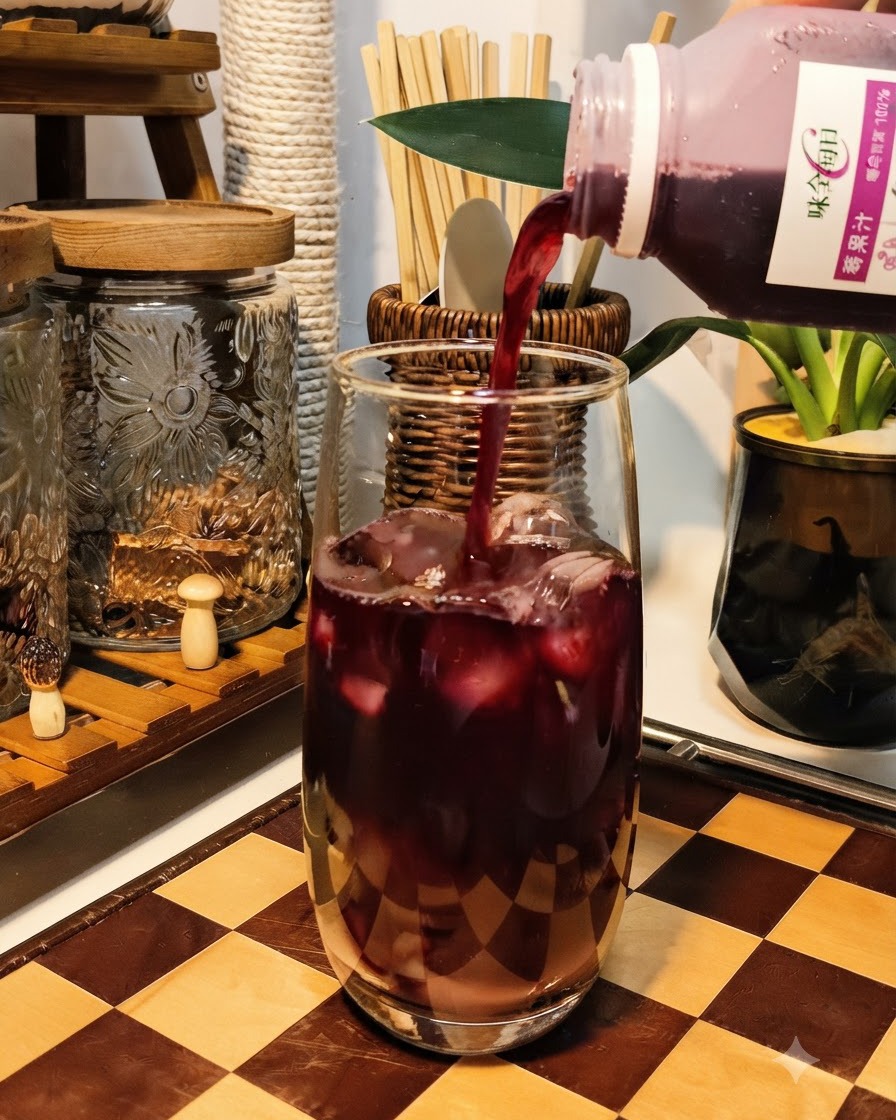 Jus de raisin pourpre versé dune bouteille dans un grand verre rempli de glaçons et de raisins verts écrasés.