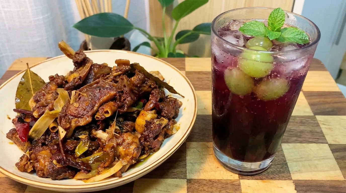 Canard à la Bière et Sauce Soja avec Boisson Pétillante au Raisin