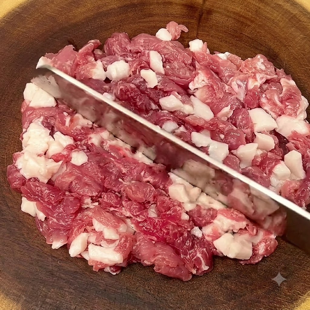 Épaule de porc crue coupée en petits morceaux sur une planche à découper en bois avec un grand couteau de boucher.