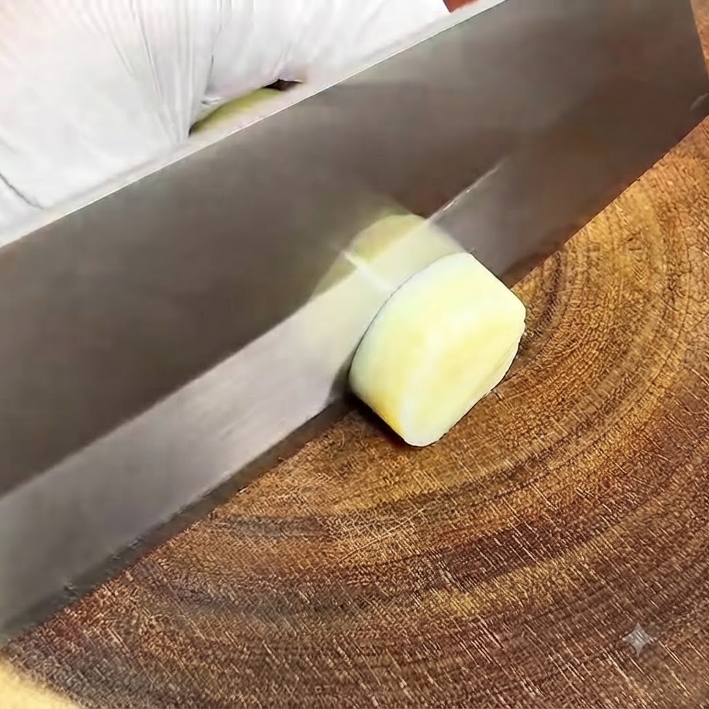 Un tube jaune de tofu japonais coupé en rondelles épaisses avec un couteau sur une planche en bois.