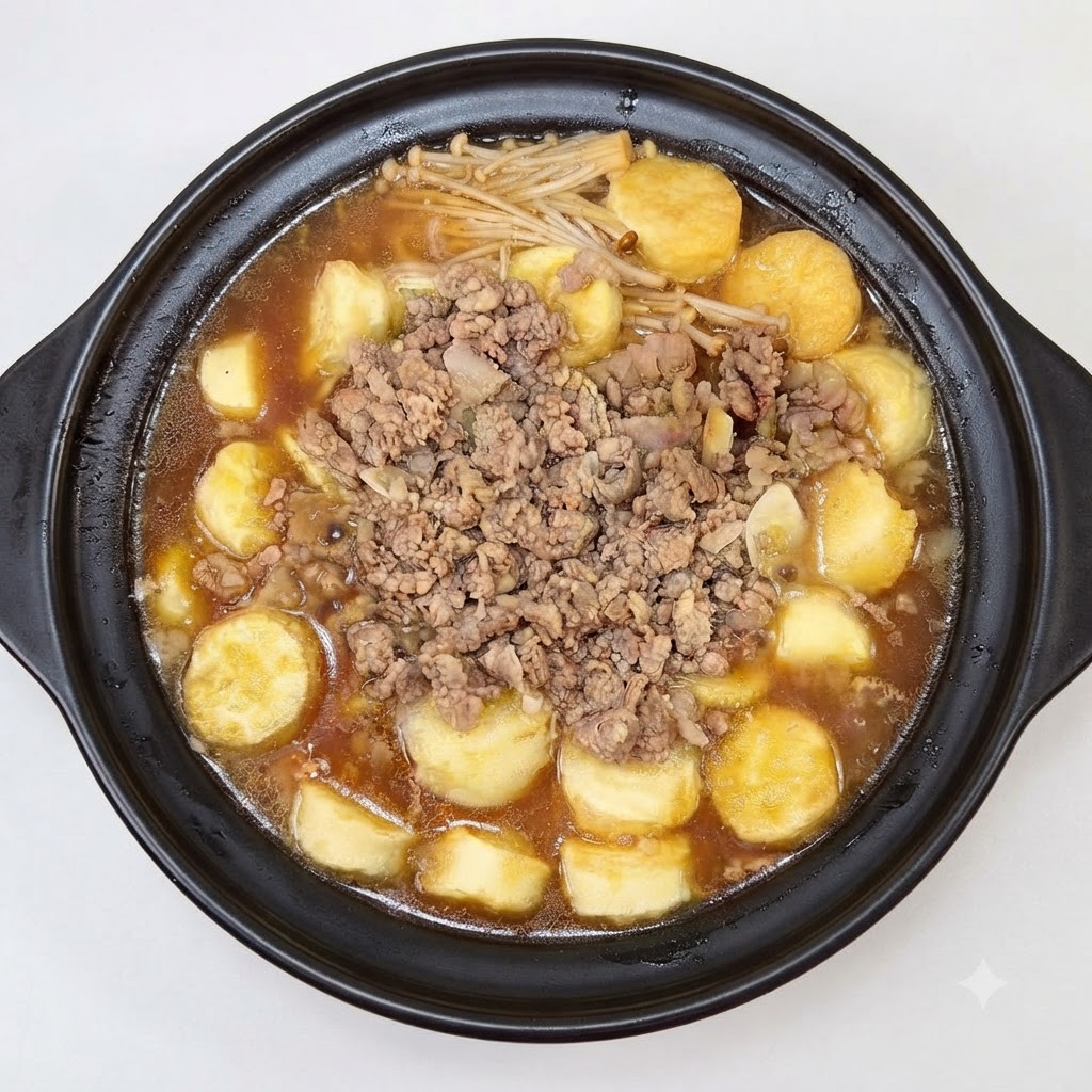 Un plat en terre cuite noir rempli de tofu en couches, de champignons enoki et de porc haché mijotant dans le bouillon.