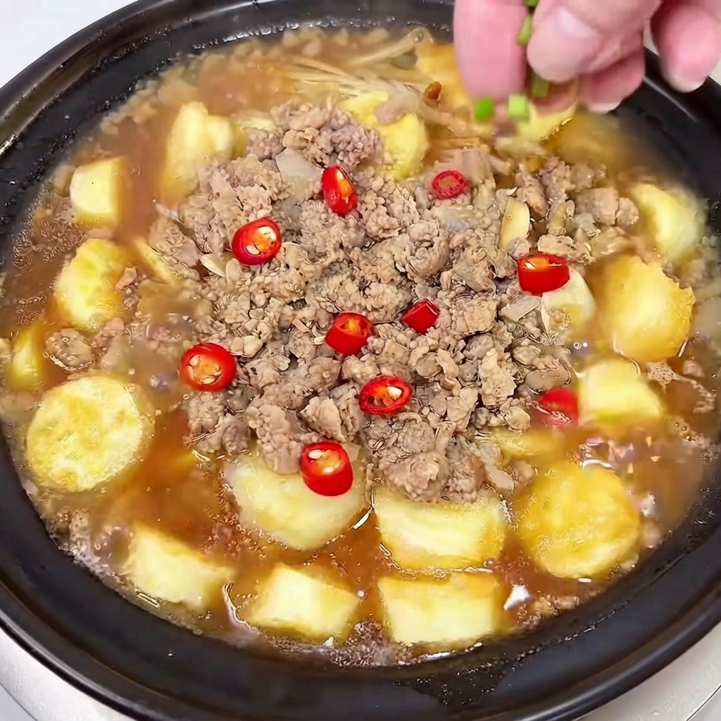 Une main saupoudrant des oignons verts hachés et des tranches de piment rouge sur le plat en terre cuite en train de mijoter.