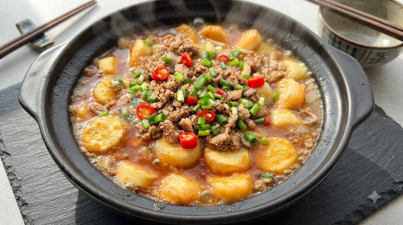 Un plat en terre cuite frémissant rempli de tofu japonais doré, de porc haché savoureux, de champignons enoki et dune garniture de piment frais