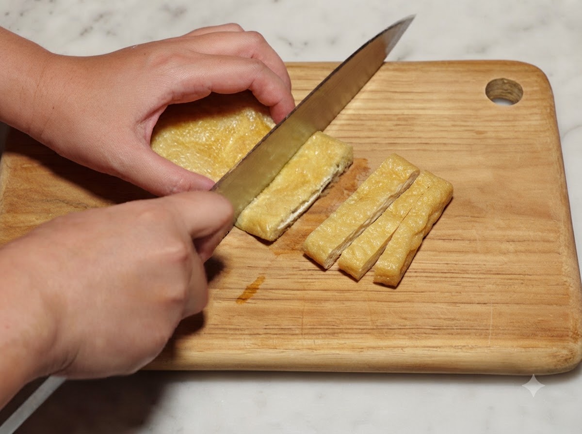 Un morceau de poche de tofu frit coupé en longues lanières avec un couteau sur une planche en bois.