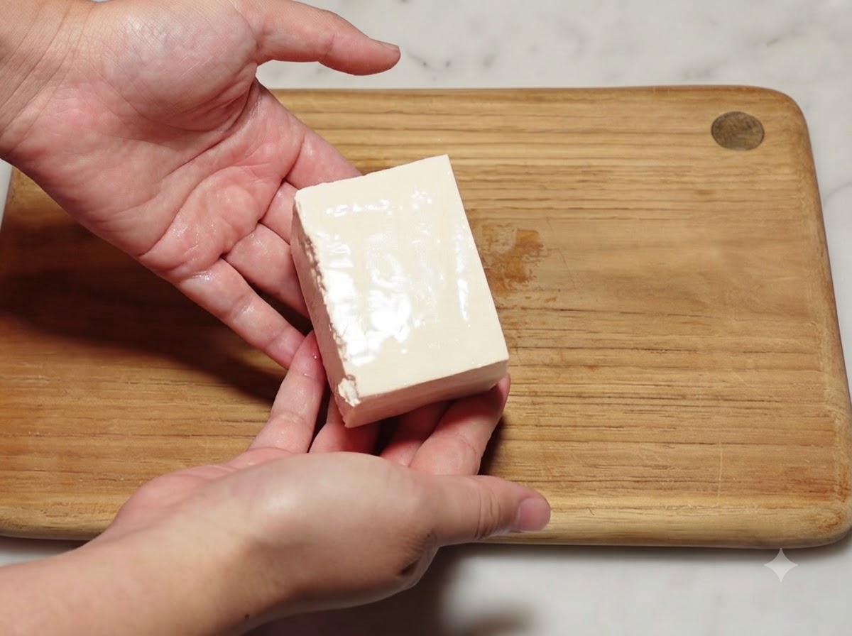 Un demi-bloc de tofu soyeux reposant sur une planche à découper en bois avant dêtre coupé en dés.