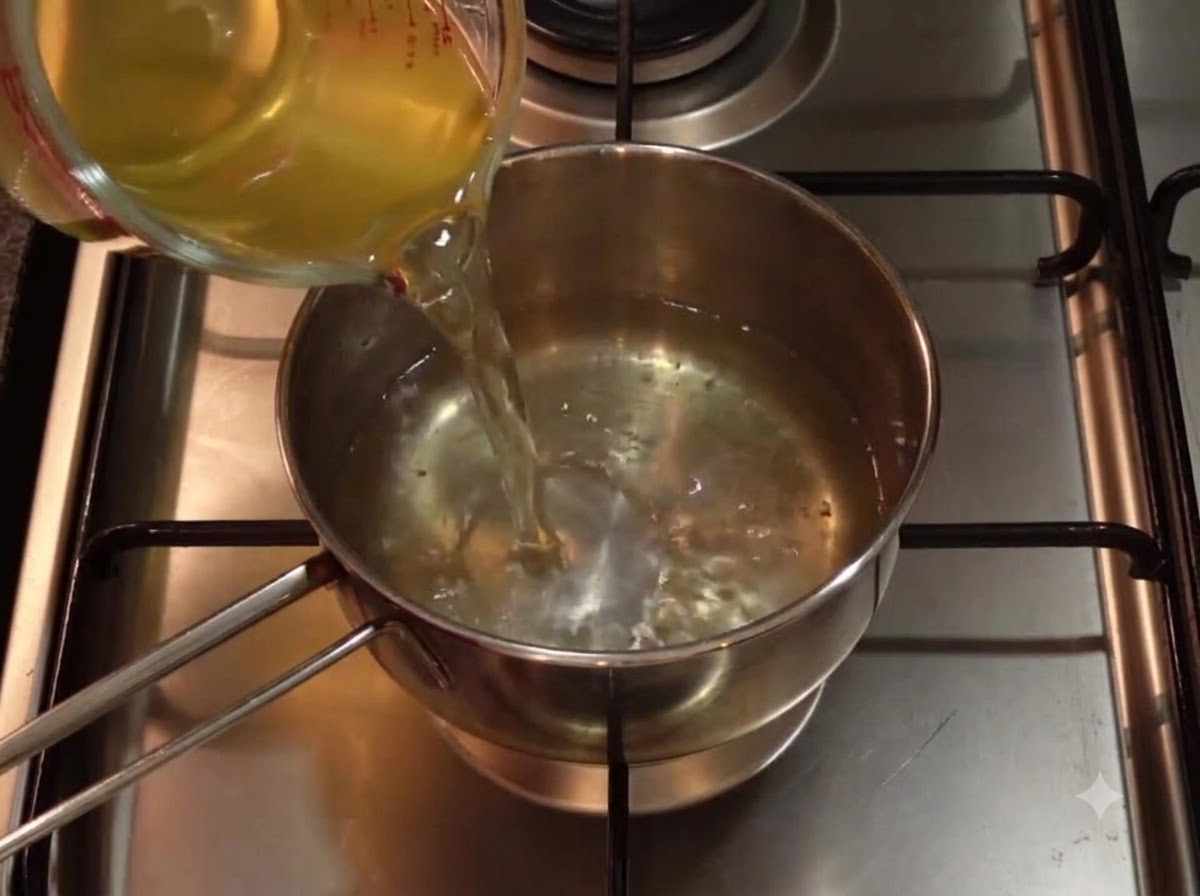 Du bouillon clair de kombu et de bonite versé depuis un verre doseur dans une petite casserole en inox sur une cuisinière.
