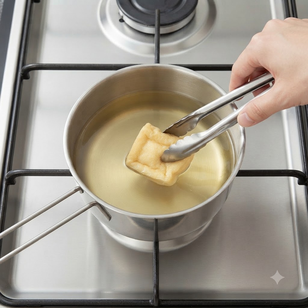Un morceau daburaage plongé à laide de pinces dans une casserole de bouillon sur le feu.