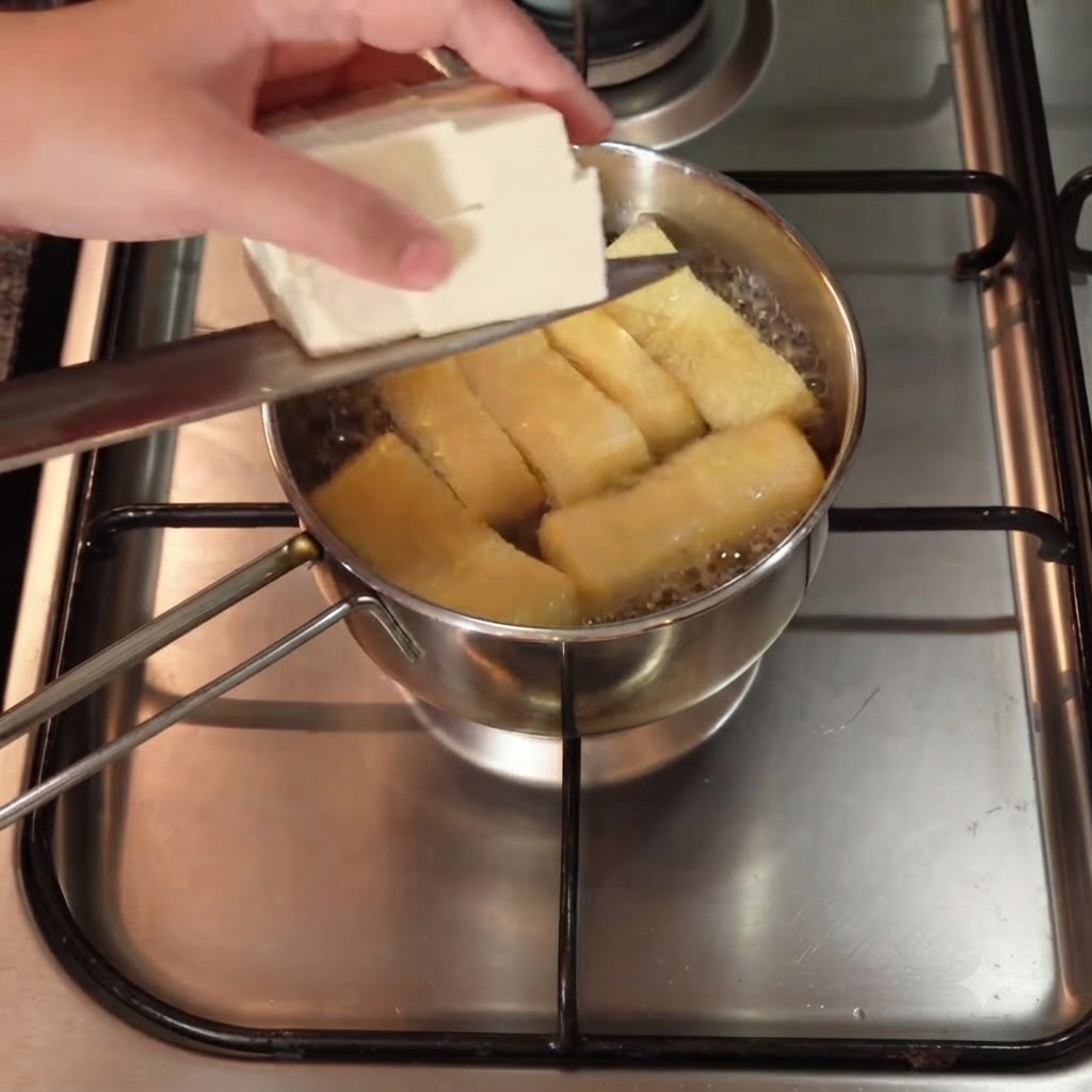 Des cubes de tofu soyeux glissés dun couteau dans une casserole frémissante contenant les lanières daburaage.