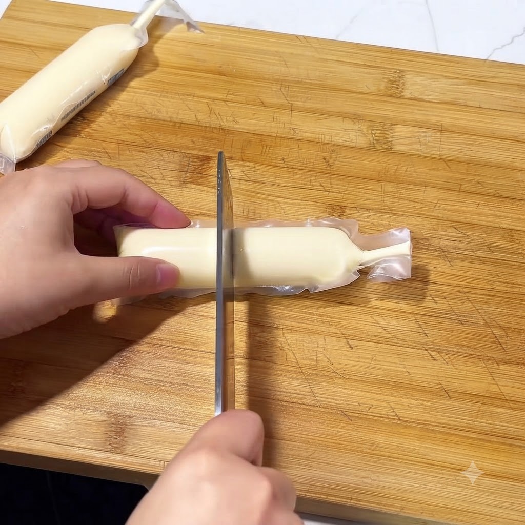 Tubes de tofu japonais coupés en morceaux ronds épais sur une planche à découper en bois à laide dun couteau de cuisine.