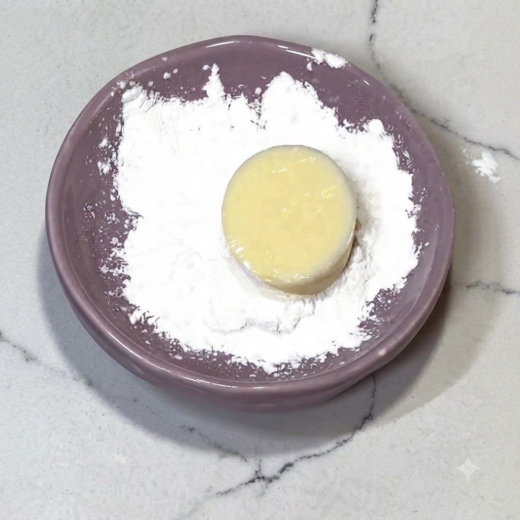 Une tranche de tofu japonais posée sur une assiette violette recouverte dune couche de fécule blanche.