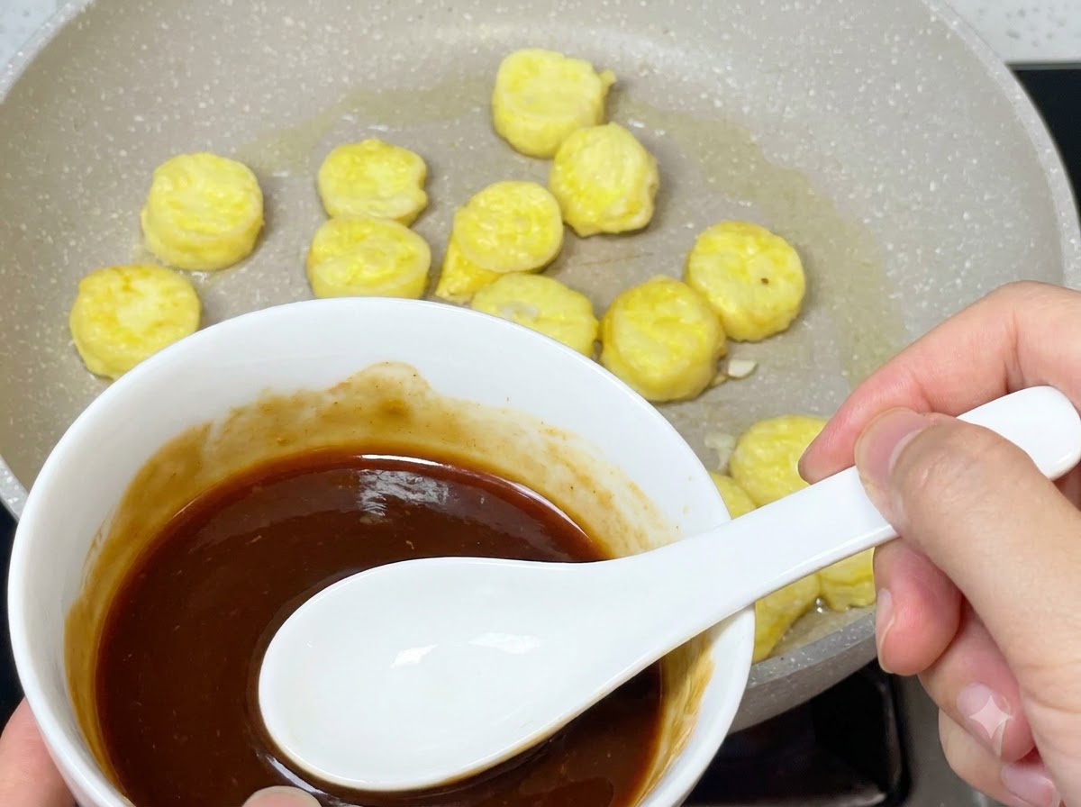 Un bol blanc contenant une sauce marron foncé versée à laide dune cuillère dans une poêle de tranches de tofu frit.