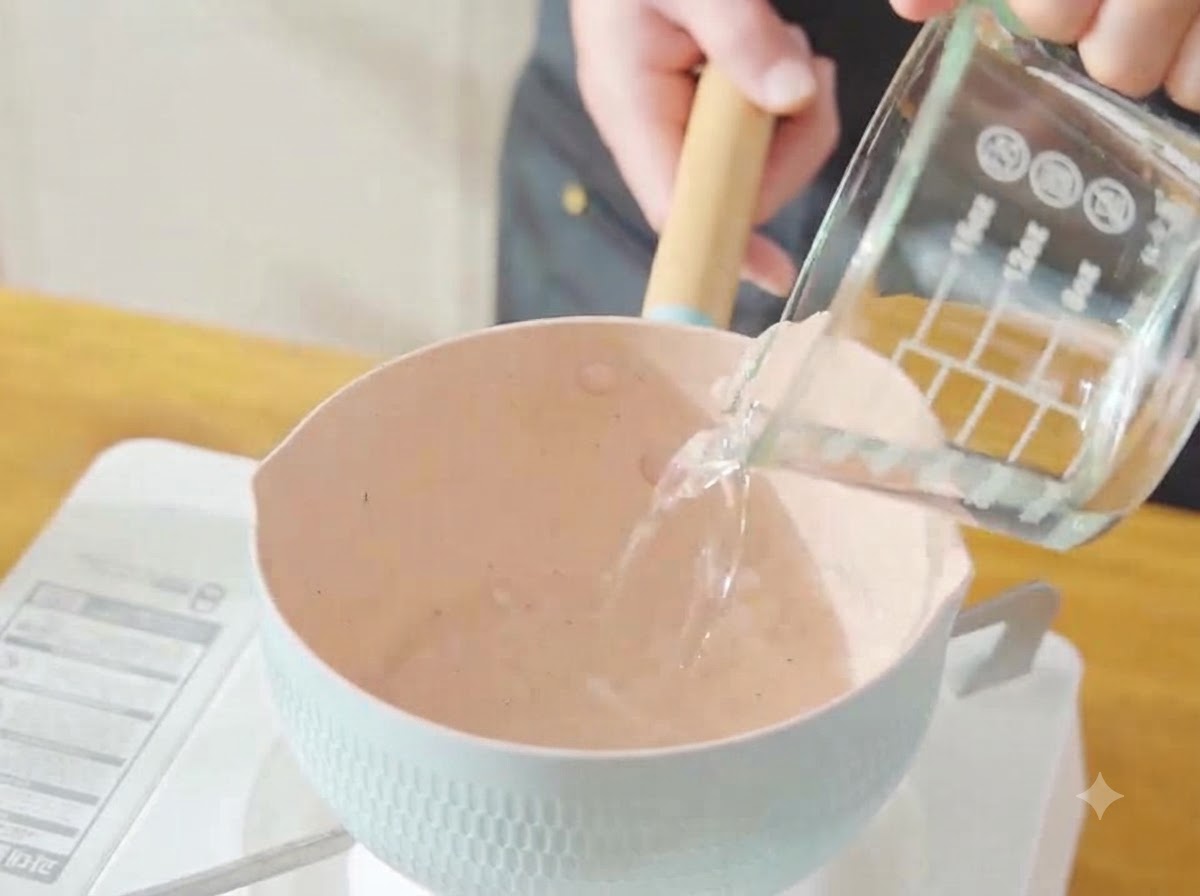 Verser de leau claire dun verre mesureur dans une casserole rose sur un réchaud portable.