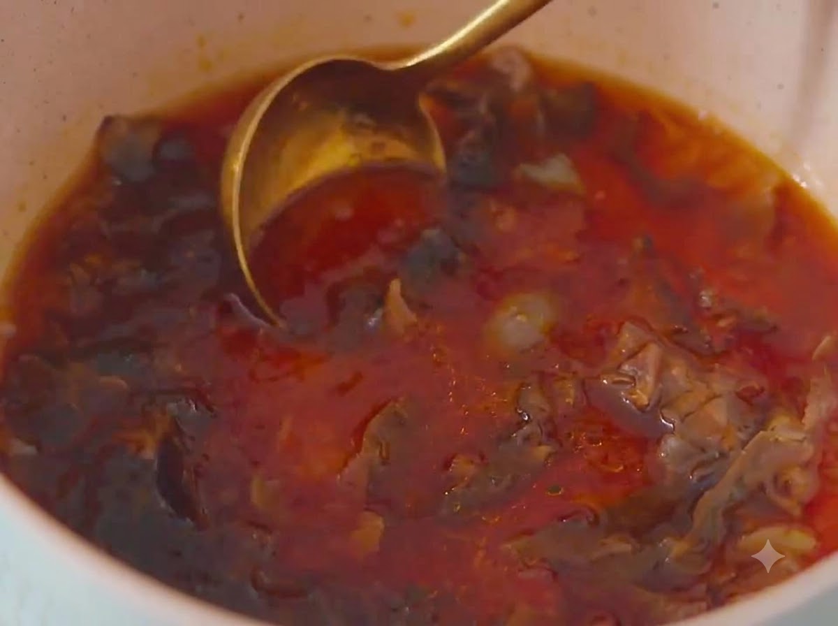 Gros plan dune cuillère en métal dorée remuant un mélange de sauce brun rougeâtre avec des flocons de bonito à lintérieur dune casserole de couleur claire.