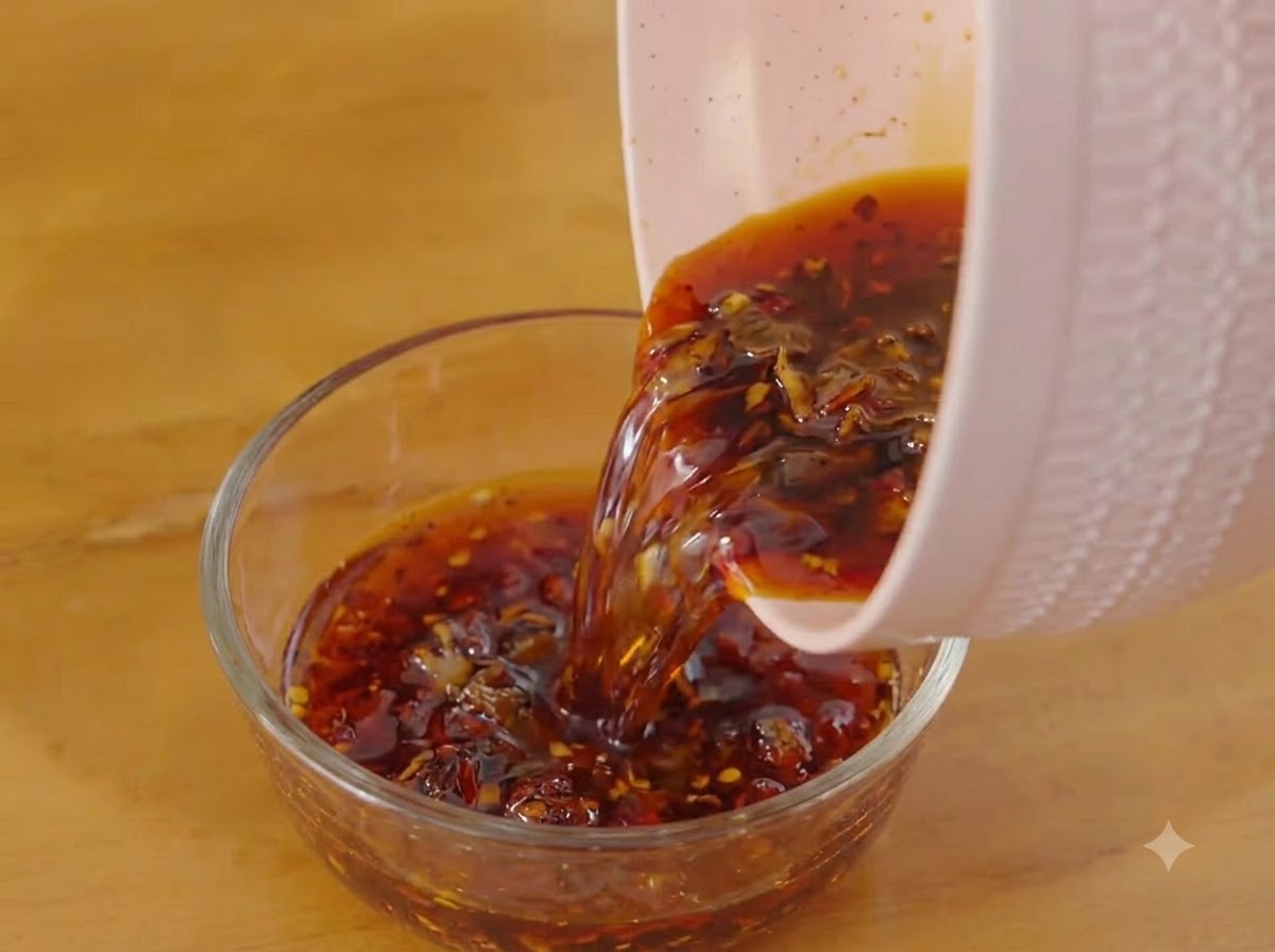 Verser la sauce chaude assaisonnée de la casserole rose dans un bol en verre transparent.