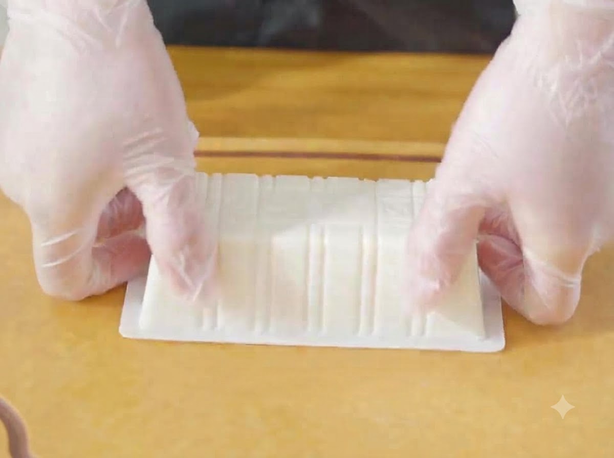 Une paire de mains gantées retirant un bloc de tofu soyeux blanc de son récipient en plastique sur une planche en bois.