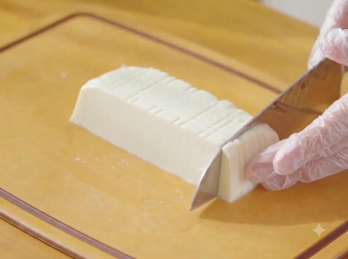 Un couteau coupant un bloc de tofu soyeux blanc sur une planche à découper en bois.