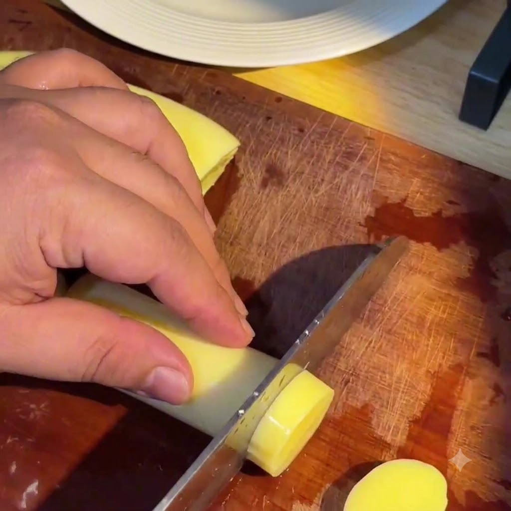 Une main tenant un couperet pour trancher un cylindre de tofu japonais jaune en morceaux ronds uniformes sur une planche à découper en bois.