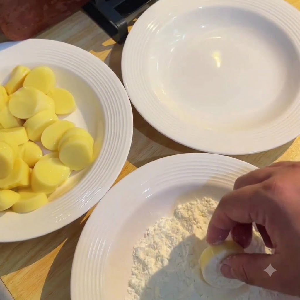 Une main pressant délicatement une tranche de tofu japonais jaune dans une assiette blanche remplie de fécule de maïs.