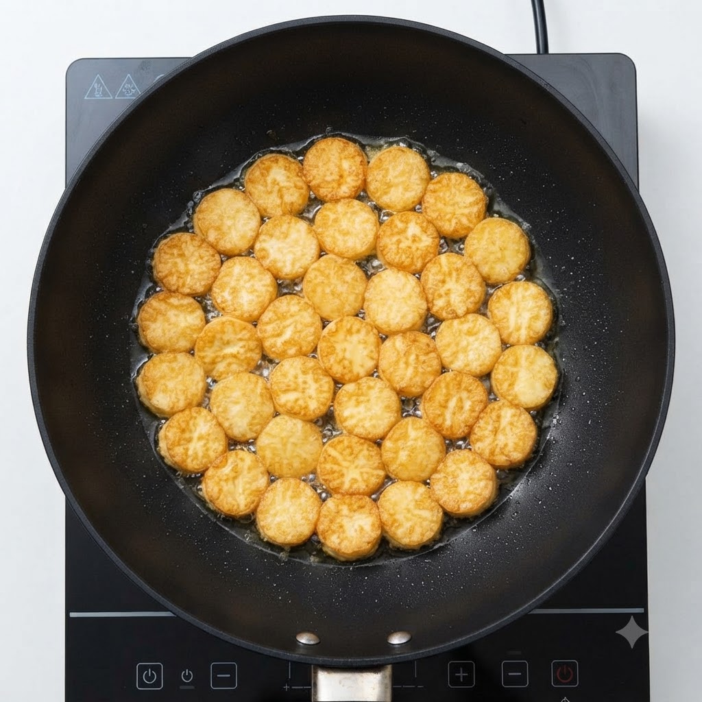 De nombreuses rondelles de tofu poêlées bien dorées grésillant uniformément dans un wok noir sur le feu.