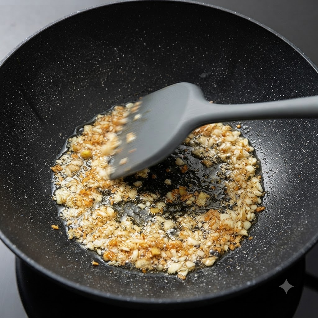 Ail et viande hachée grésillant dans un wok noir, mélangés avec une spatule en silicone sombre.