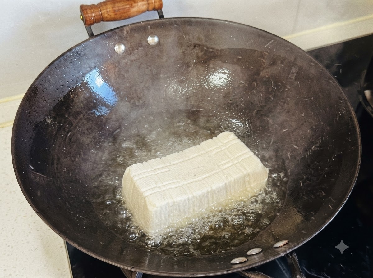 Un bloc rectangulaire entier de tofu moelleux reposant dans un wok noir chaud avec de lhuile.