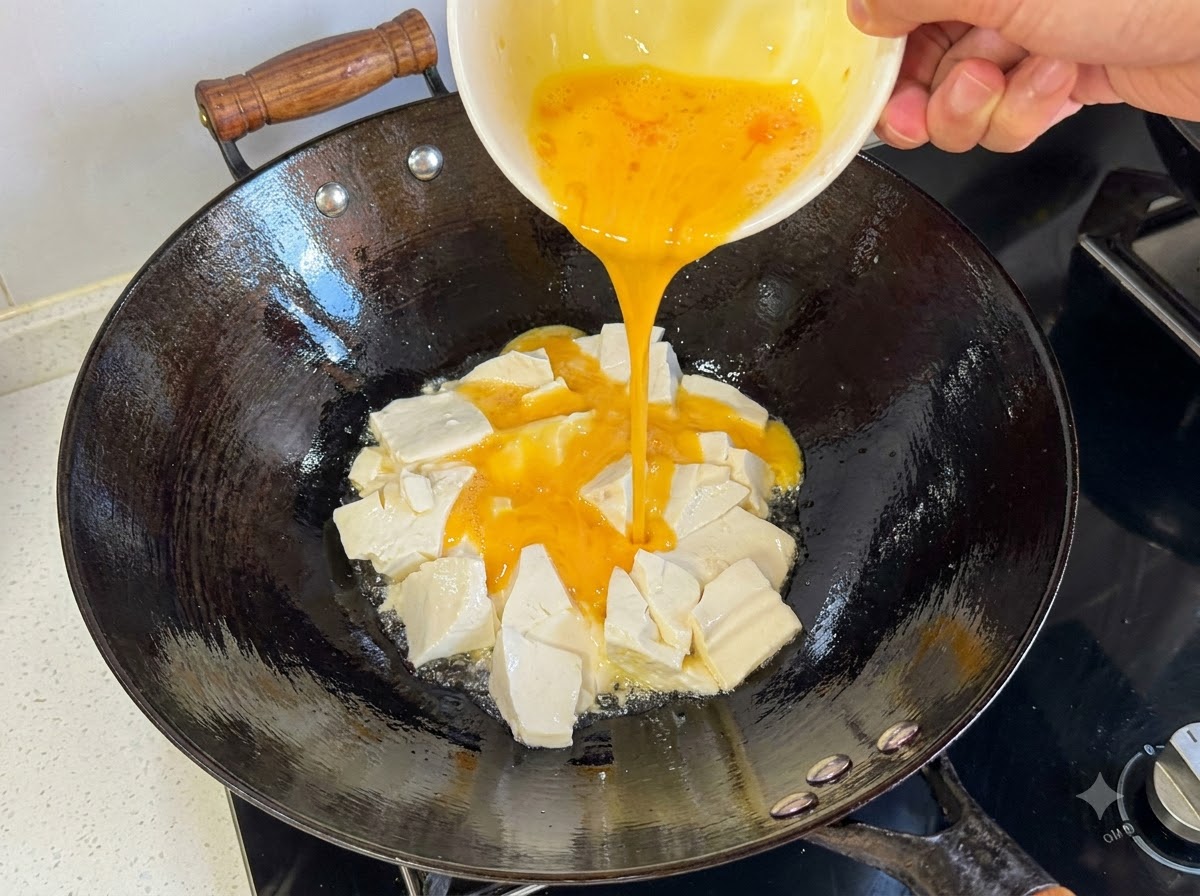 Du liquide dœuf battu doré versé à partir dun bol dans le wok entourant les morceaux de tofu.