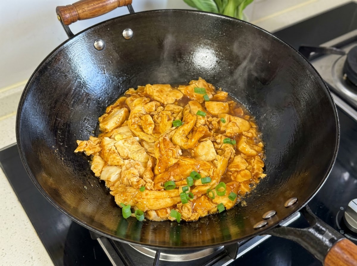 Des oignons verts hachés saupoudrés sur le dessus du mélange de tofu et dœufs cuit dans un wok noir.