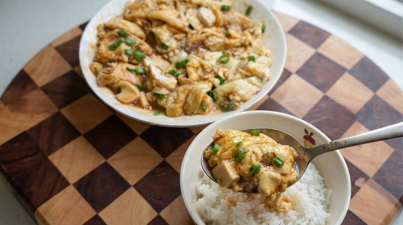 Un plat de tofu moelleux enveloppé dœufs garni doignons verts, servi sur un lit de riz blanc
