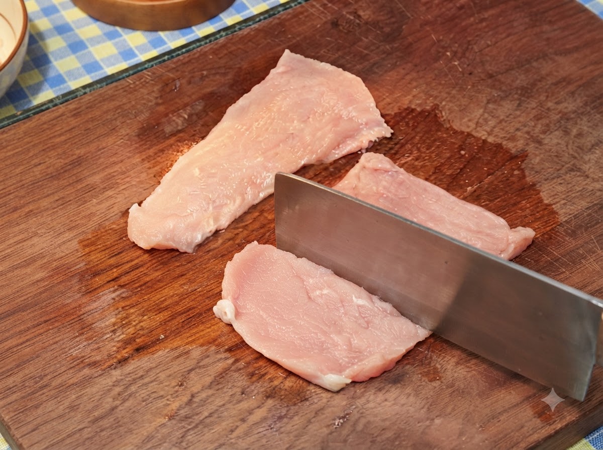 Des côtelettes de porc en train dêtre aplaties et attendries avec le dos dun couperet sur une planche à découper en bois.