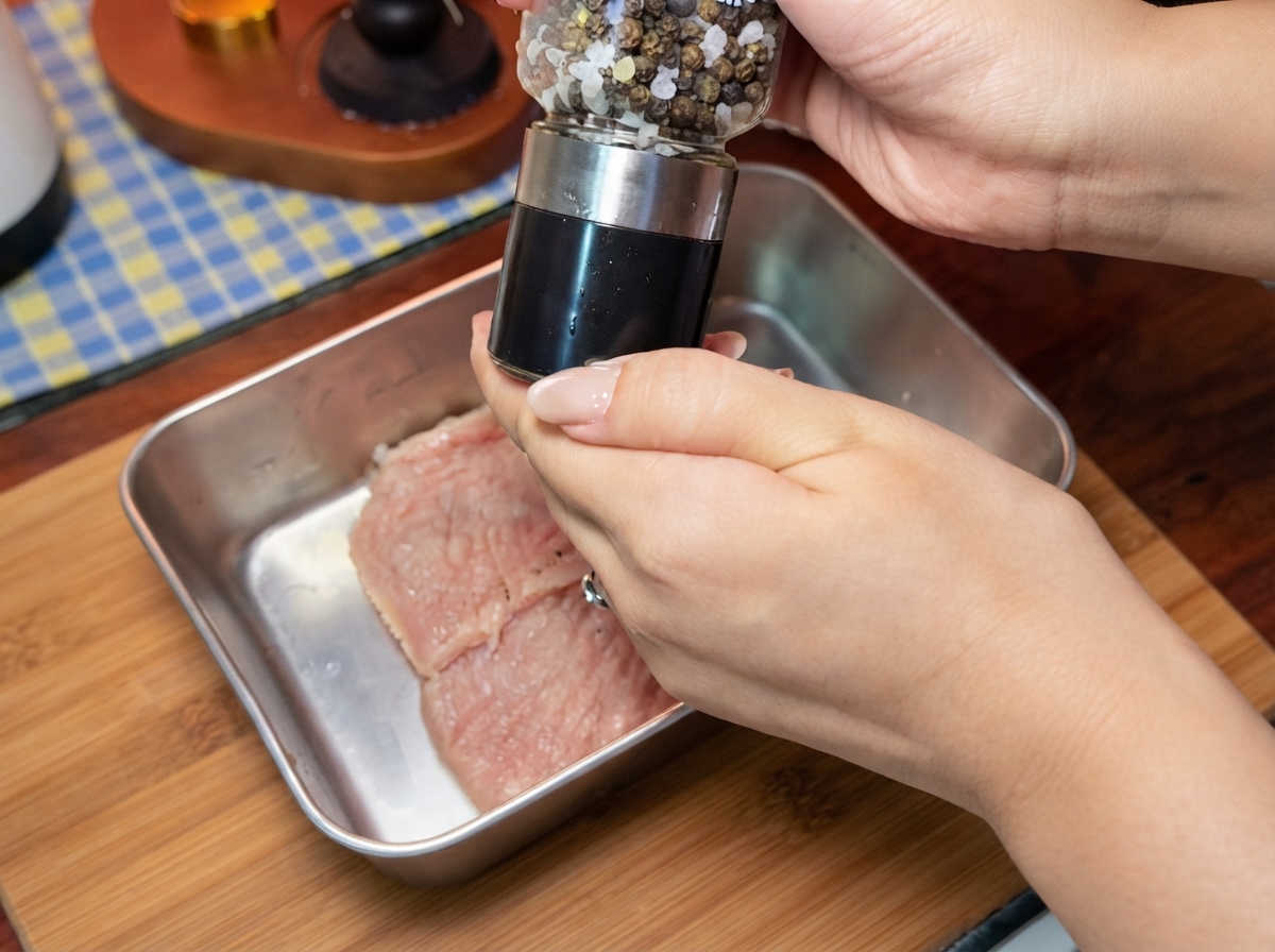 Des mains actionnant un moulin à poivre pour assaisonner des côtelettes de porc crues dans un plateau en acier inoxydable.