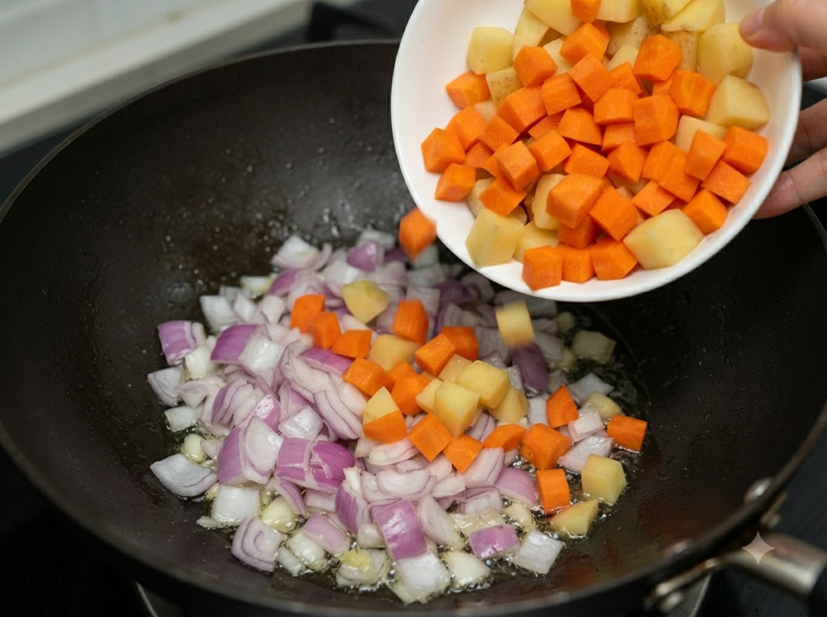 Des carottes et des pommes de terre en dés versées dune assiette blanche dans le wok avec les oignons.