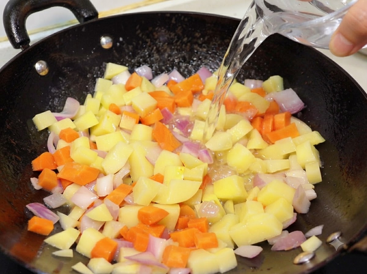 De leau claire versée dun verre mesureur dans le wok rempli de légumes.