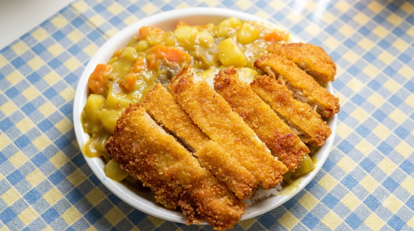 Une assiette de katsu kare avec des tranches de porc pané doré et une sauce curry aux légumes sur du riz blanc