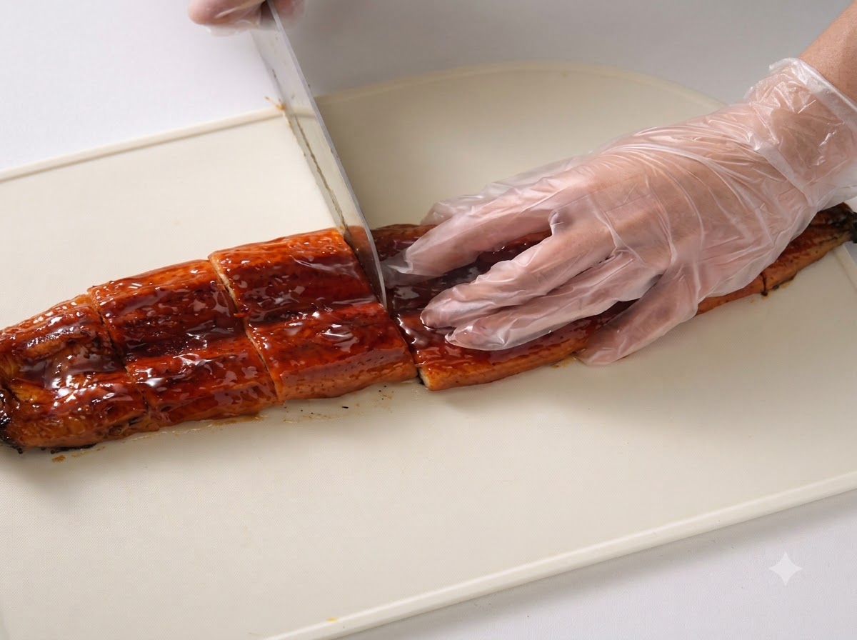 Gros plan dune anguille grillée coupée en morceaux réguliers sur une planche à découper blanche.