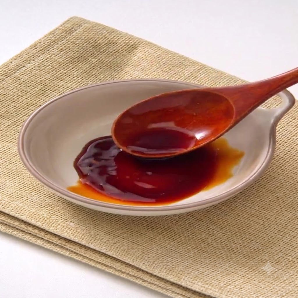 Un petit bol en céramique contenant un mélange de sauces soja claire et foncée avec une cuillère en bois.