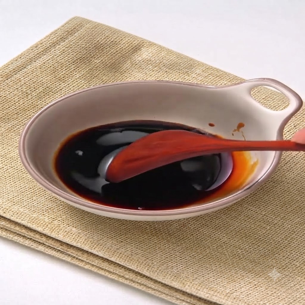 Une cuillère en bois mélangeant les ingrédients de la sauce sombre dans un bol peu profond posé sur un tapis texturé.