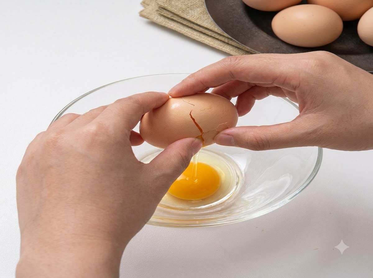 Des mains cassant un œuf au-dessus dun bol en verre transparent avec un jaune dœuf qui tombe à lintérieur.