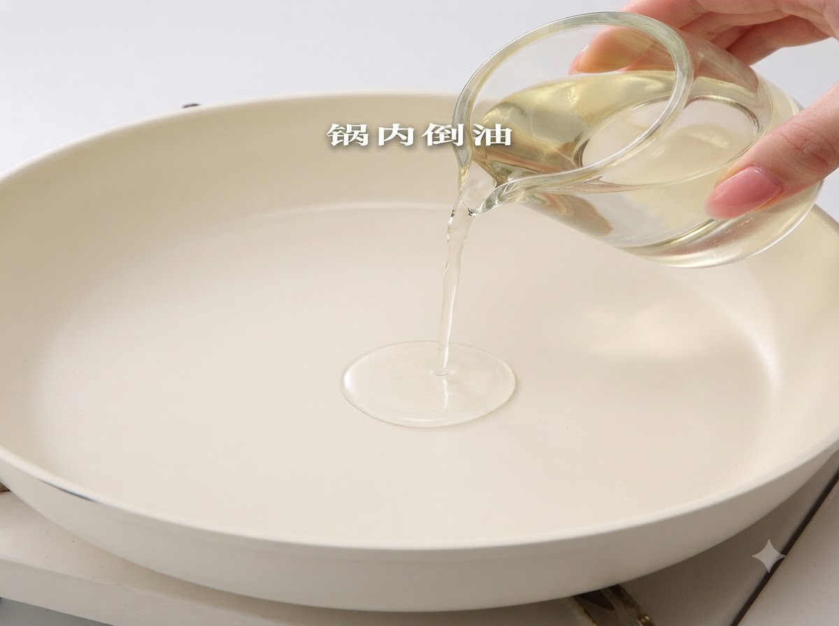 De lhuile de cuisson versée depuis un petit pichet en verre transparent au centre dune poêle blanche propre.