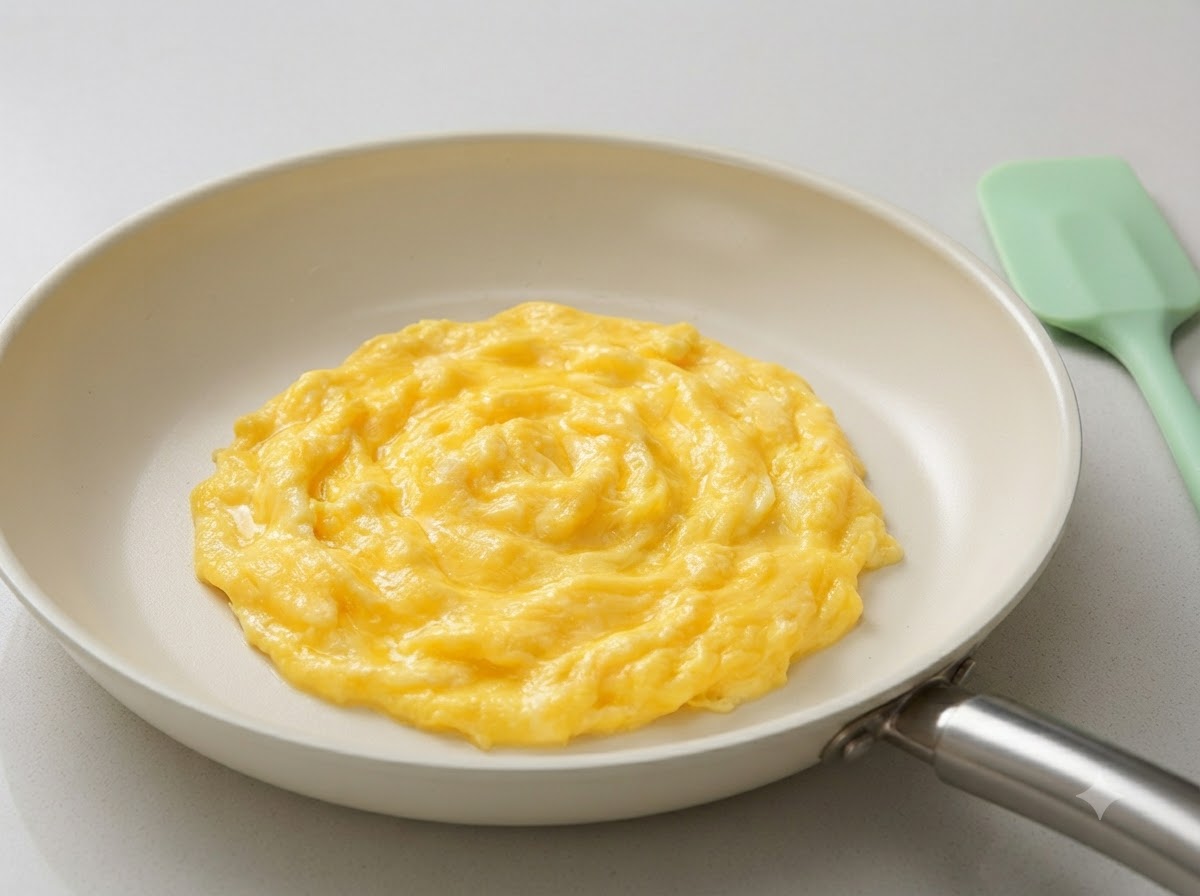Des œufs brouillés crémeux et moelleux rassemblés au milieu dune poêle blanche à côté dune spatule en silicone vert clair.