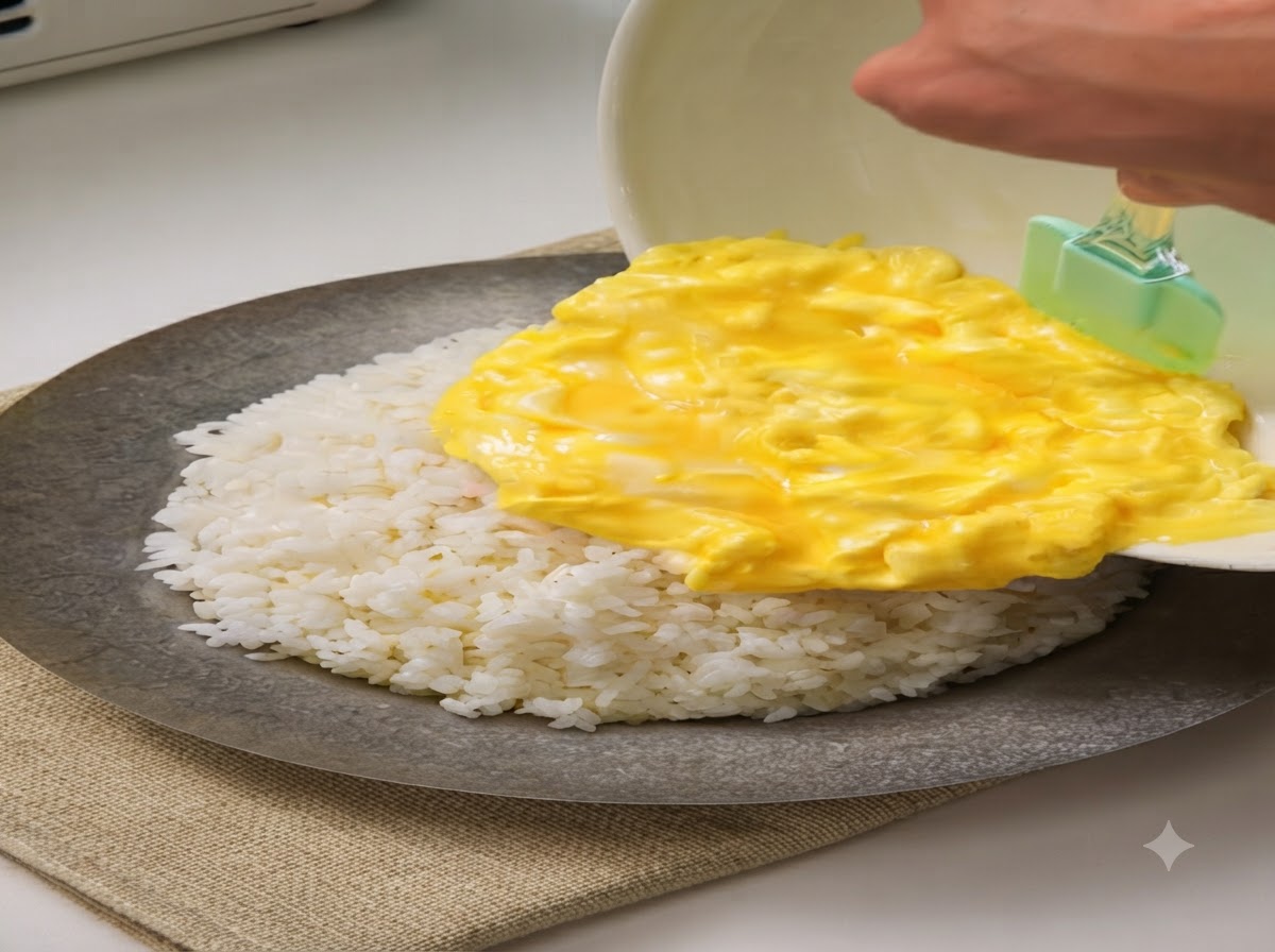 Des œufs brouillés moelleux glissant dun bol blanc vers un grand lit de riz blanc cuit à la vapeur.