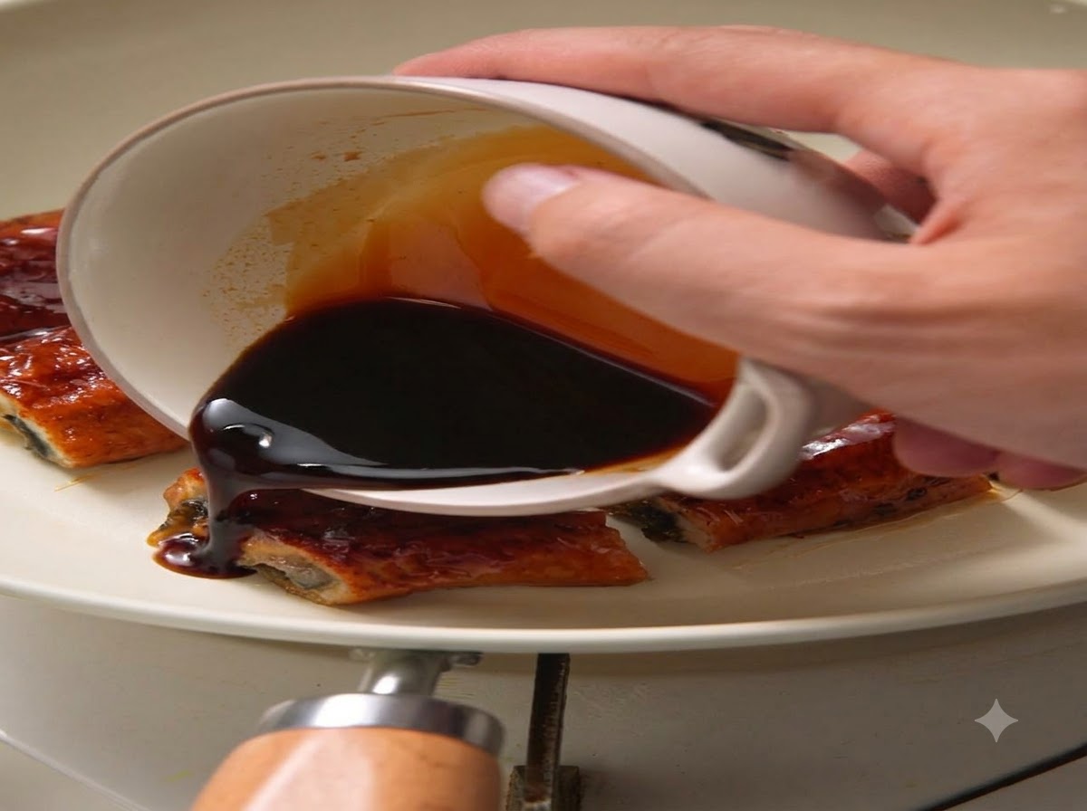 Une sauce brune et sucrée versée dun petit bol sur les morceaux danguille laquée à lintérieur dune poêle blanche.