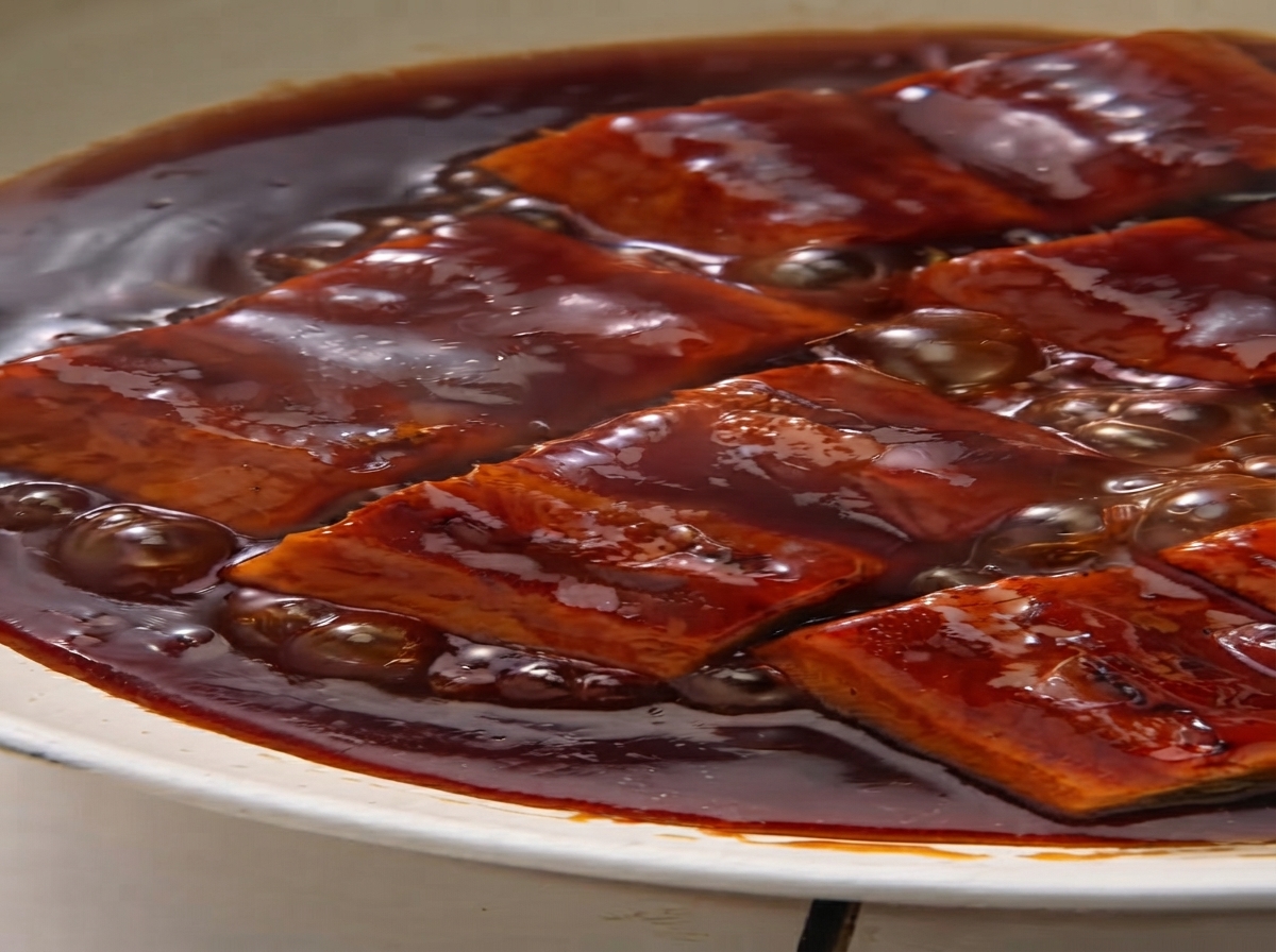 Des morceaux danguille mijotant dans une sauce brune épaisse et bouillonnante à lintérieur dune poêle.