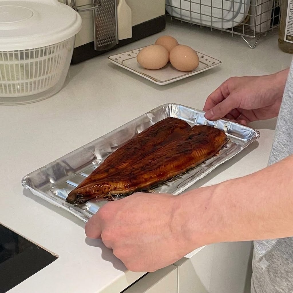 Une paire de mains ouvrant délicatement du papier aluminium pour révéler un grand morceau danguille glacée.