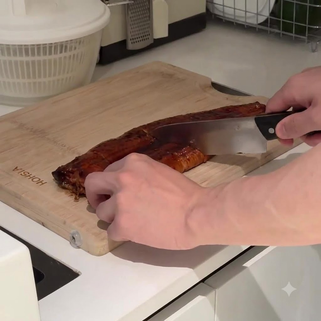 Un couteau bien affûté coupant une anguille glacée en petits morceaux sur une planche à découper en bois.