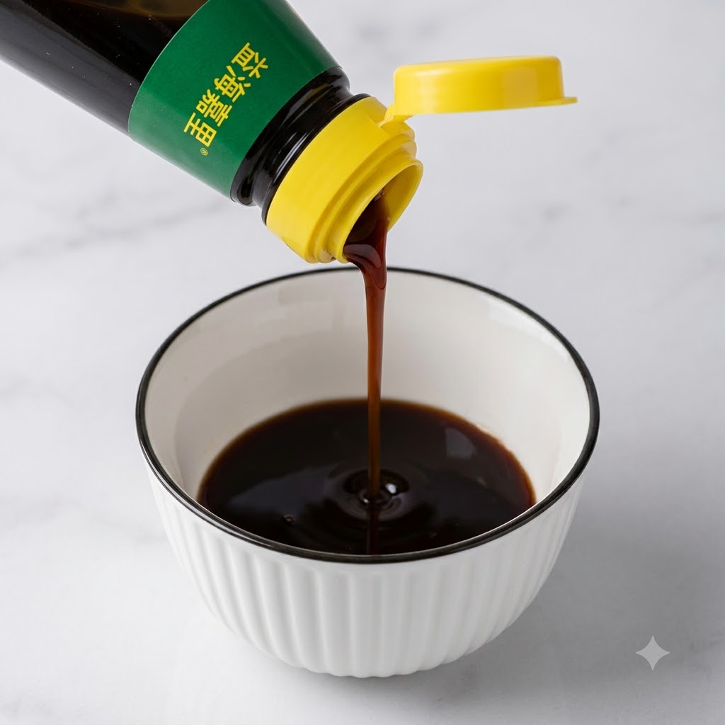 De la sauce sombre versée dune bouteille dans un petit bol blanc pour créer un mélange dassaisonnement savoureux.