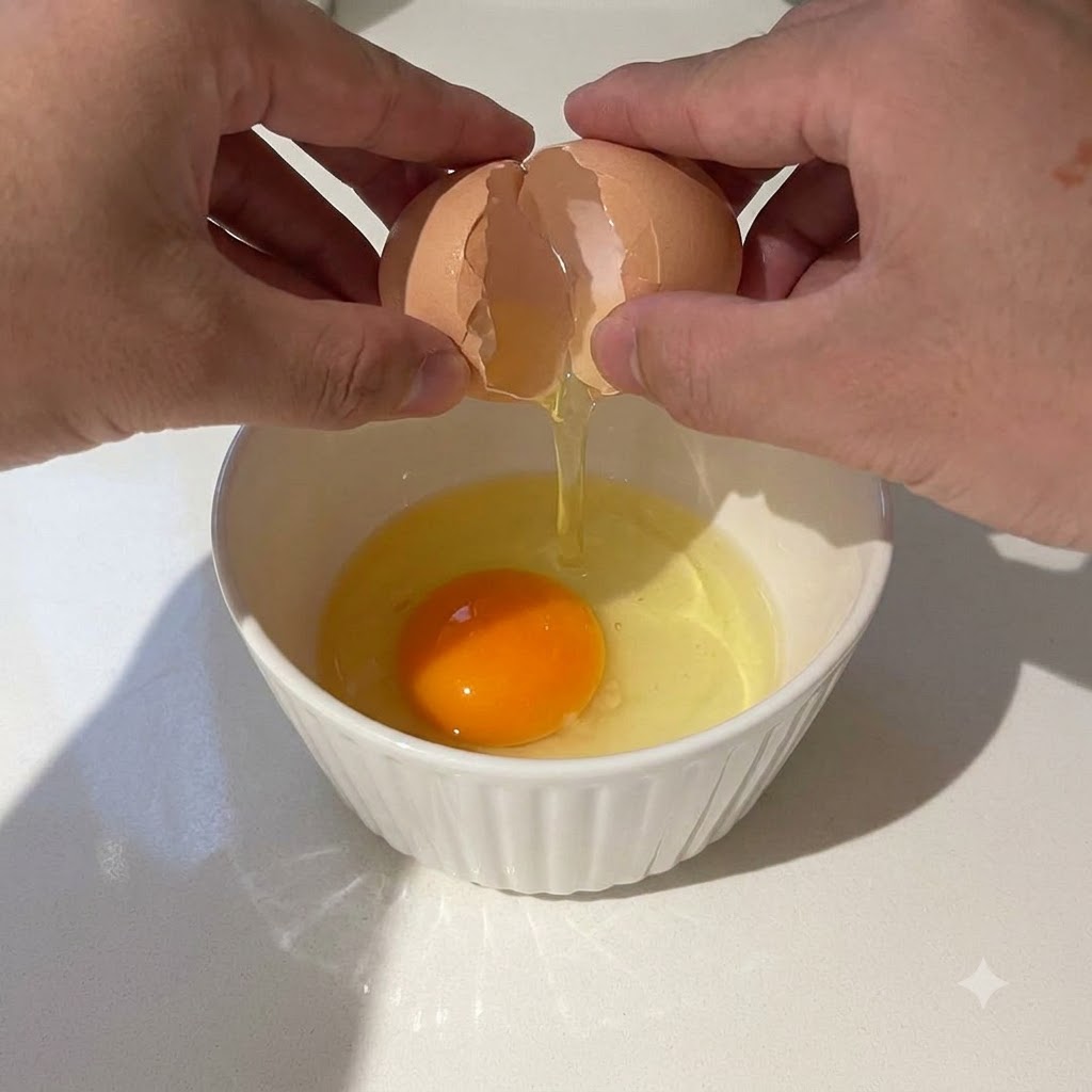 Une paire de mains cassant un œuf dans un petit bol blanc contenant déjà un autre œuf cassé.
